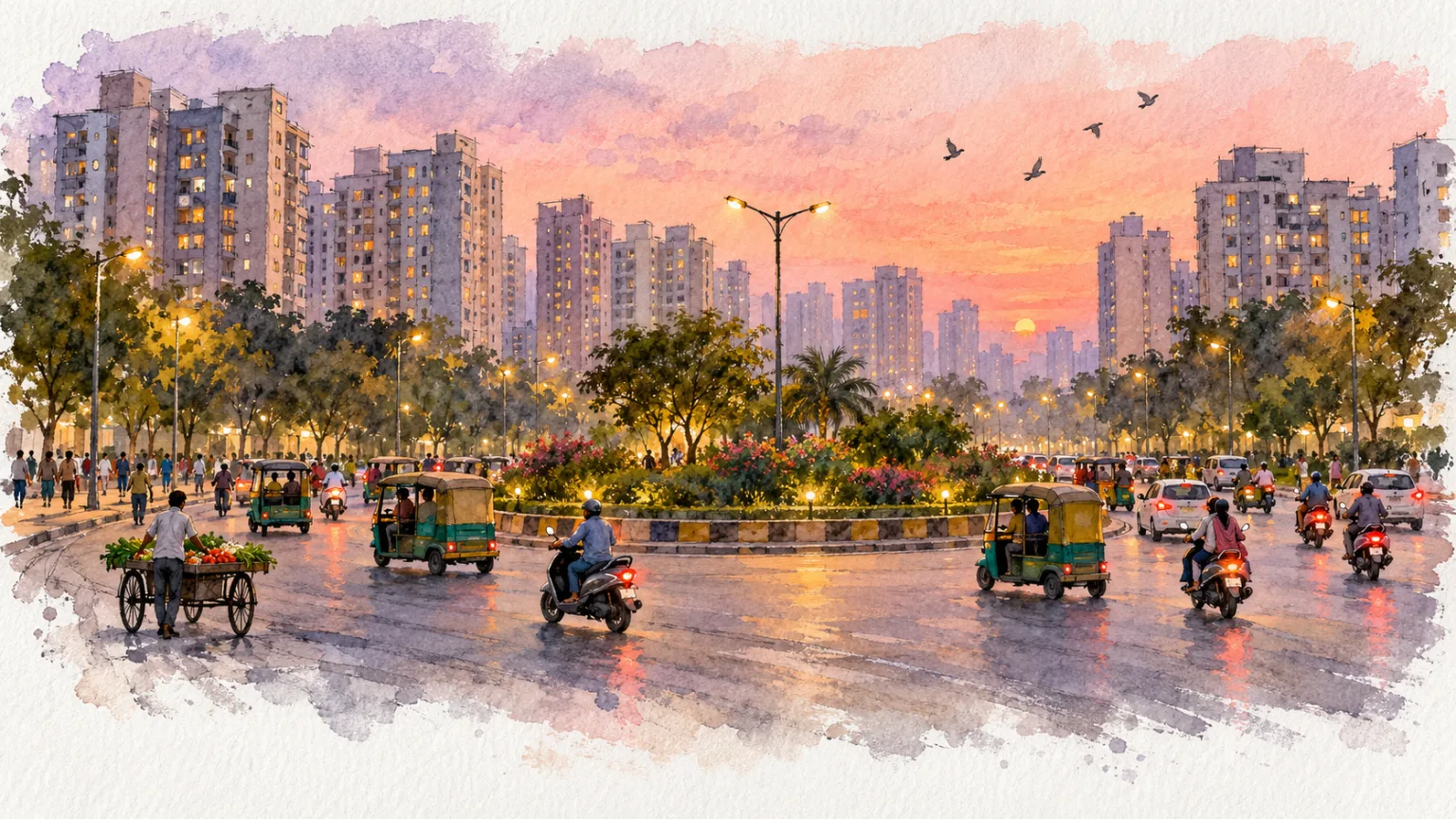 Watercolour illustration of a busy roundabout at dusk ringed by high-rise towers