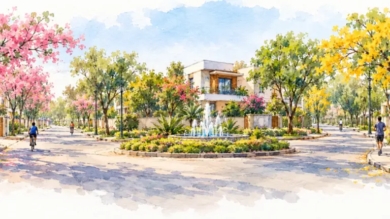 Watercolour illustration of a tree-lined planned suburb with houses and a fountain roundabout