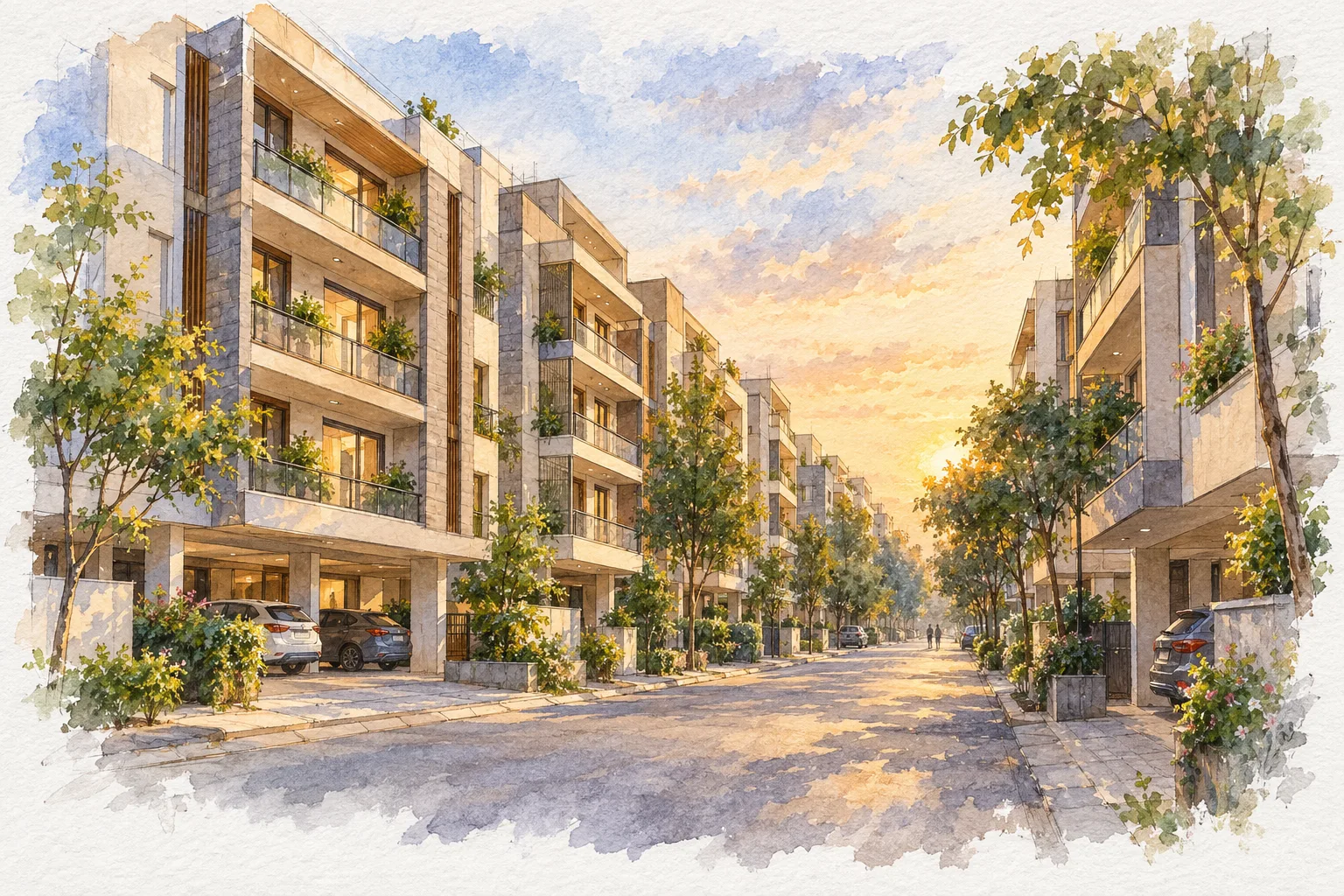 Watercolour illustration of Guliani Horizon Floors Sector 63A (not the actual project)