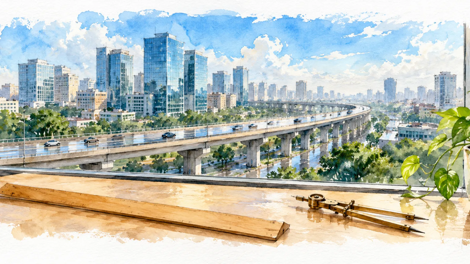 Watercolour illustration of a ruler and compass on a desk overlooking an expressway and glass towers