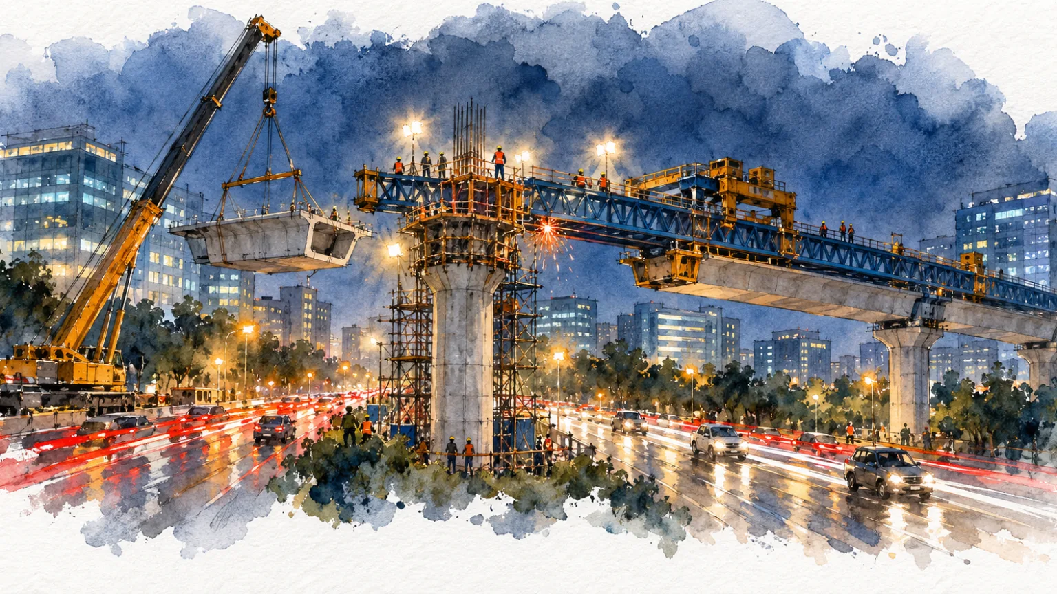 Watercolour illustration of night metro construction among glass office buildings