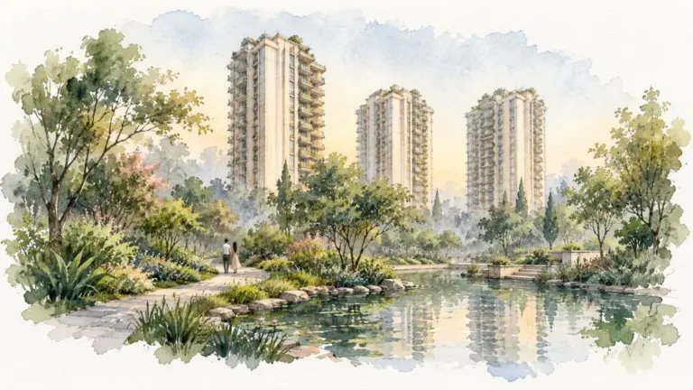 Watercolour illustration of three towers rising behind lush gardens and a reflecting pool at dawn