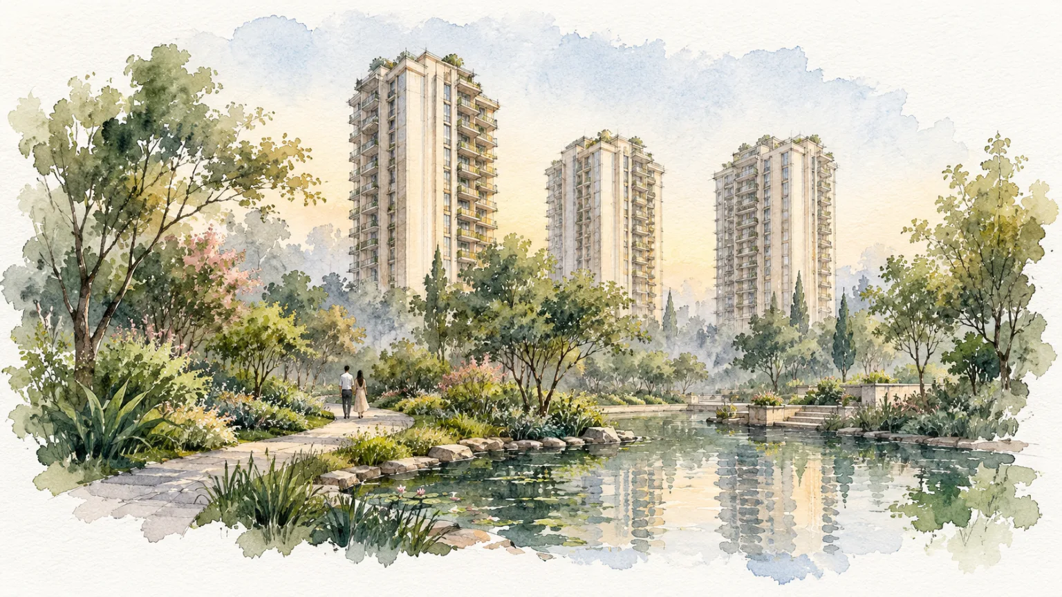 Watercolour illustration of three towers rising behind lush gardens and a reflecting pool at dawn