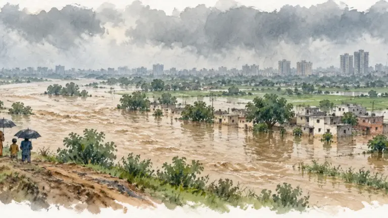 Watercolour illustration of a swollen river flooding fields near low houses and distant towers
