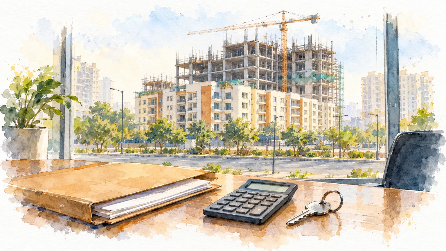 Watercolour illustration of a loan file and key on a bank desk, a half-built tower outside