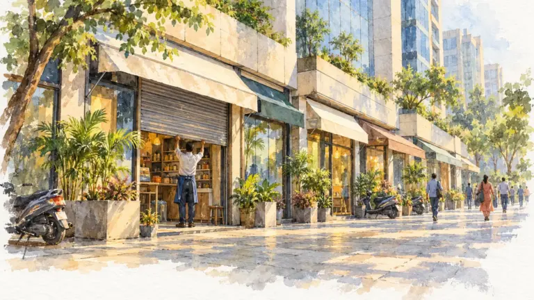 Watercolour illustration of a shopkeeper raising a shutter in a commercial complex at morning