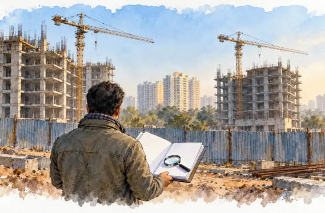 Watercolour illustration of a buyer with a folder and magnifying glass inspecting a half-built tower site
