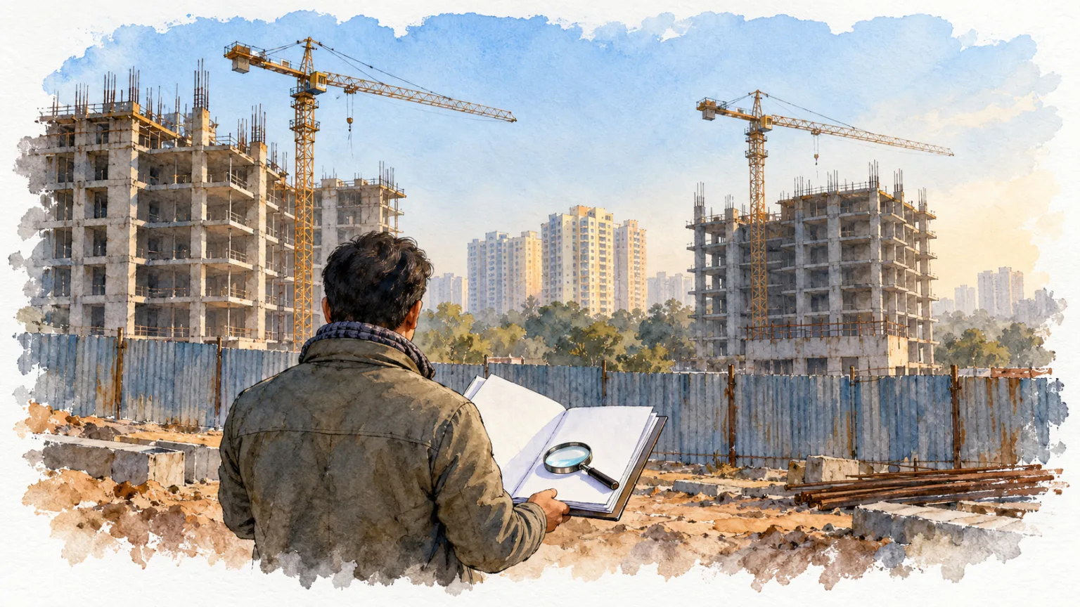 Watercolour illustration of a buyer with a folder and magnifying glass inspecting a half-built tower site