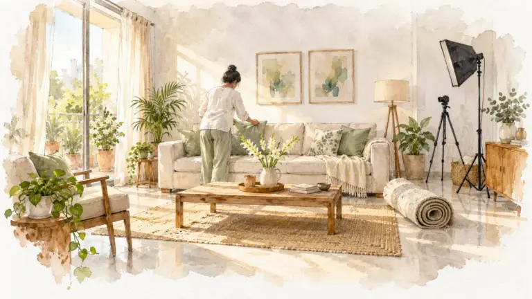 Watercolour illustration of a person staging a bright living room for photos