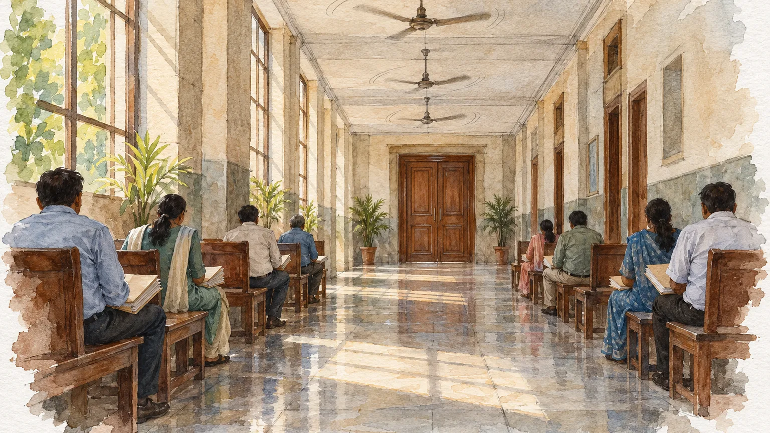 Watercolour illustration of buyers waiting with files on benches in a hearing-room corridor
