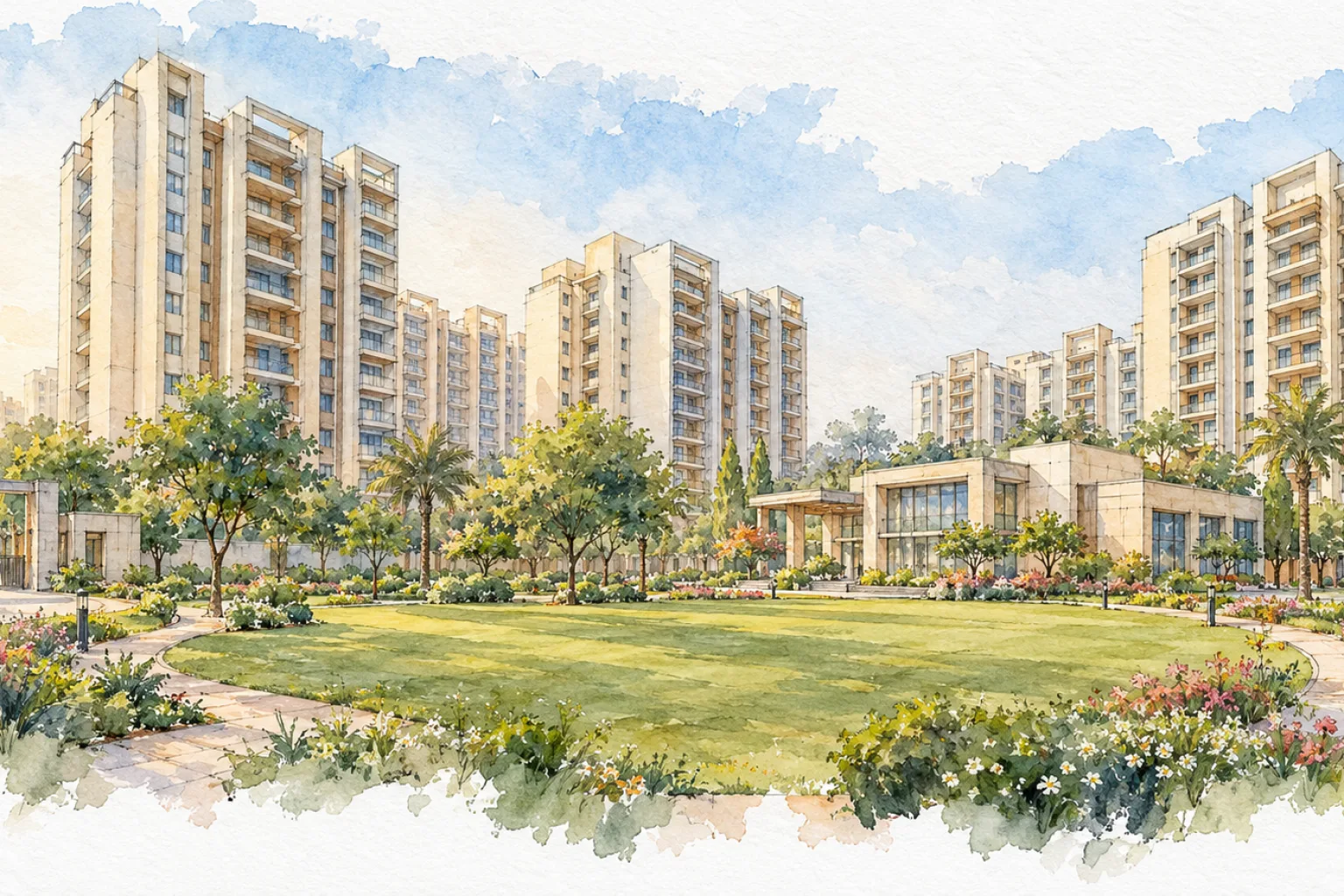 Watercolour illustration of HRH City Vasant Valley (not the actual project)