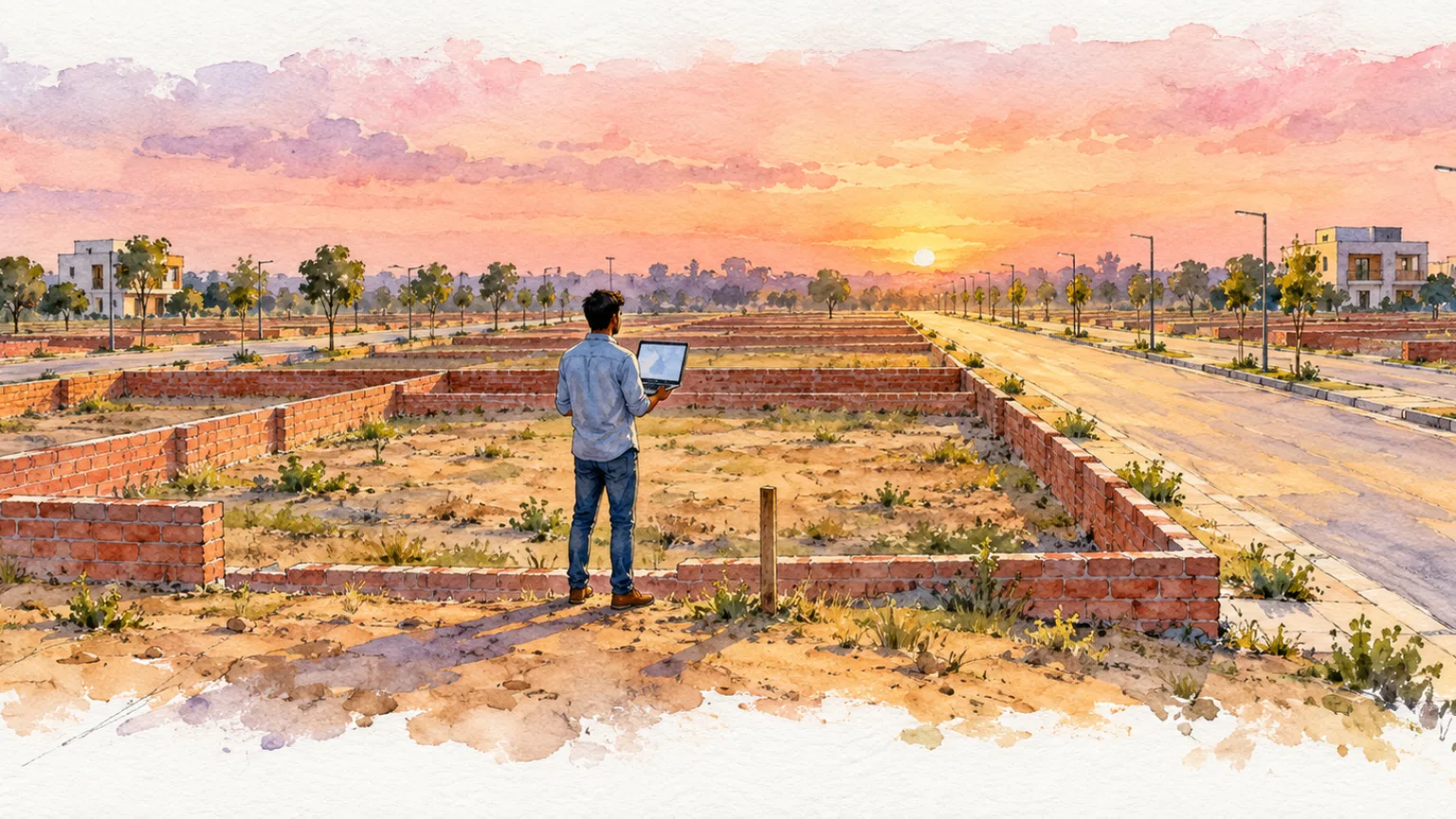 Watercolour illustration of a person with a laptop beside a walled vacant plot in a new sector at sunset