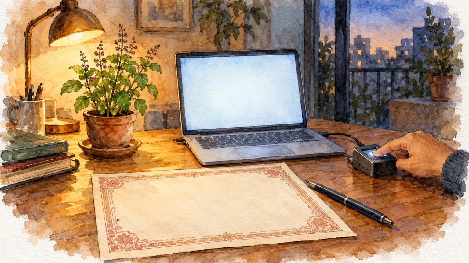 Watercolour illustration of a laptop, fingerprint scanner and stamp paper for online property registration