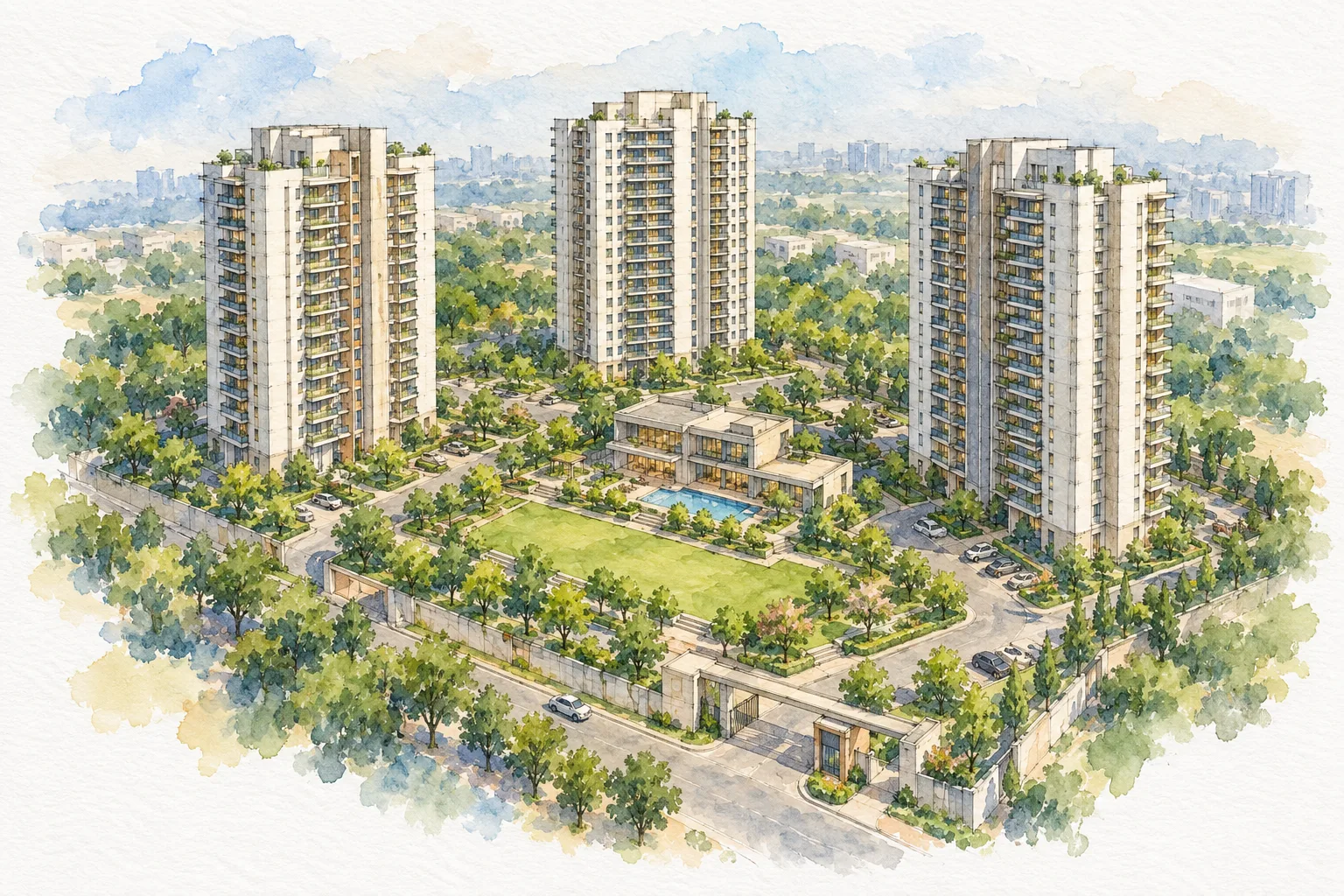 Watercolour illustration of Indiabulls Estate & Club (not the actual project)