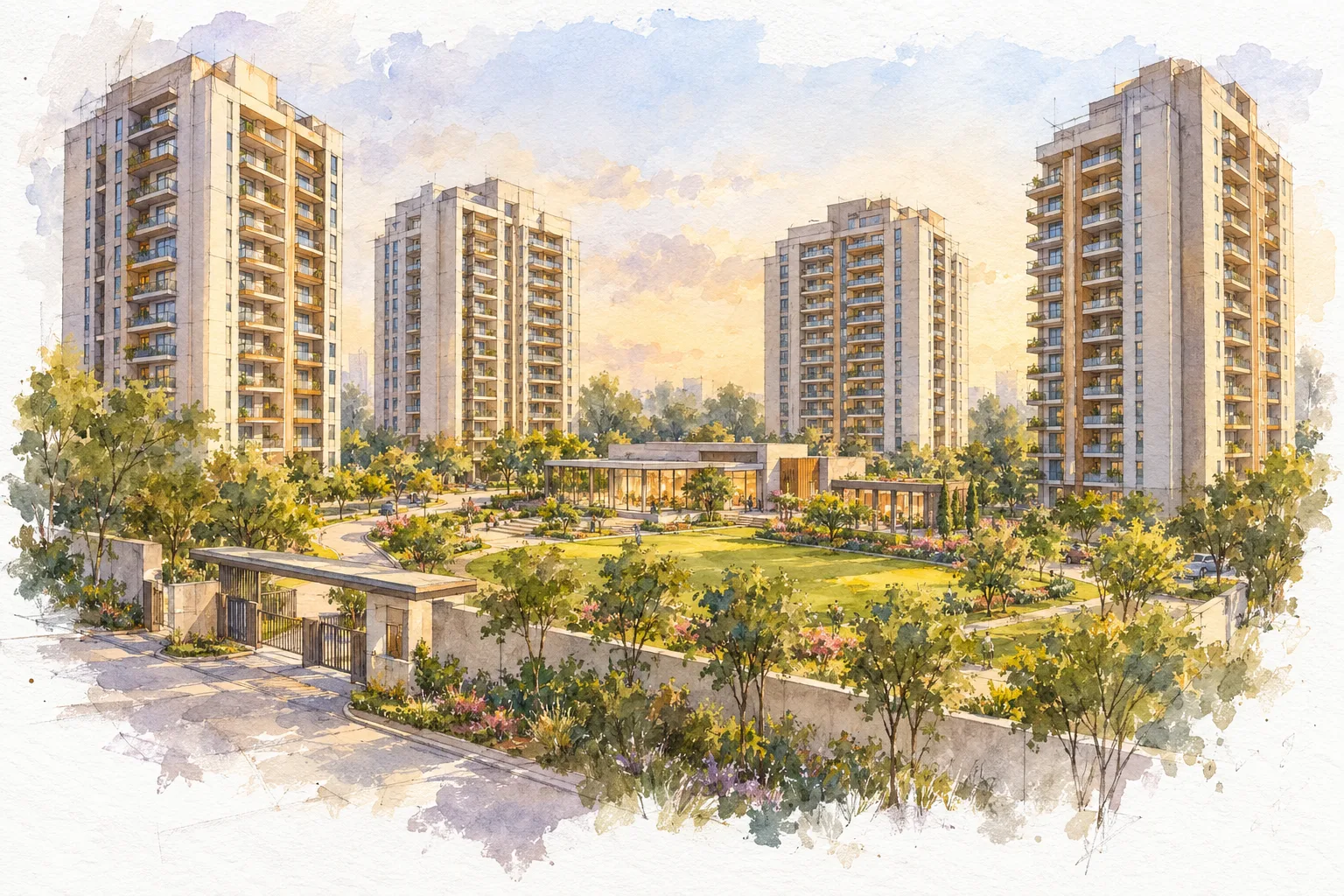 Indiabulls Heights का वॉटरकलर चित्र (असली प्रोजेक्ट नहीं)