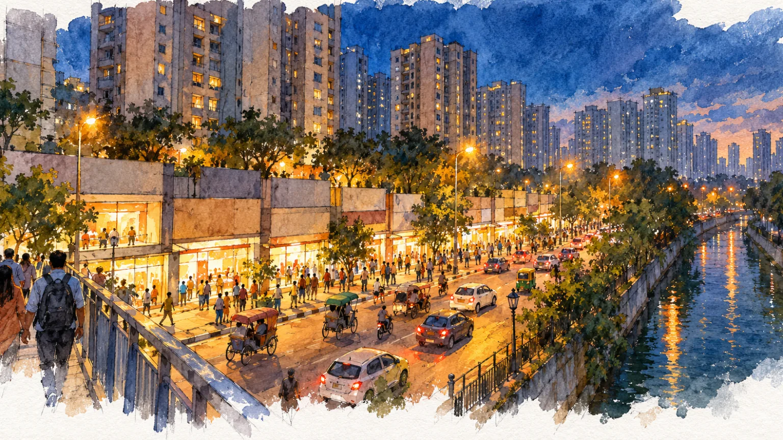 Watercolour illustration of a lively shopping strip below society towers seen from a footbridge