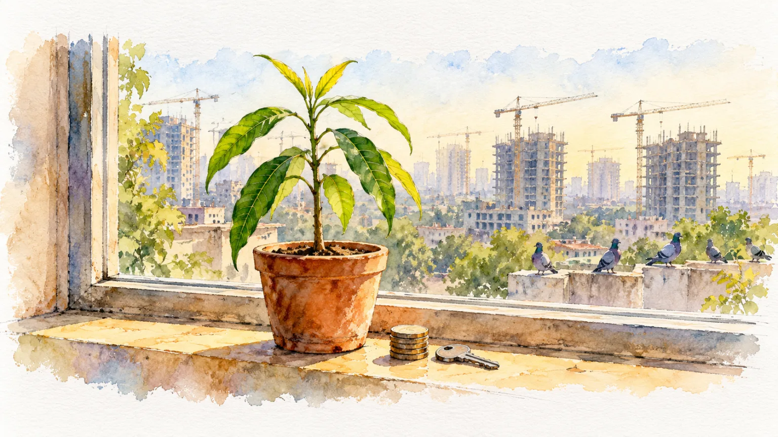 Watercolour illustration of a sapling, house key and coins on a window ledge before cranes