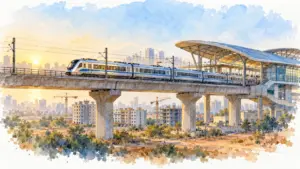 Watercolour illustration of a rapid rail train passing an elevated station with new buildings below
