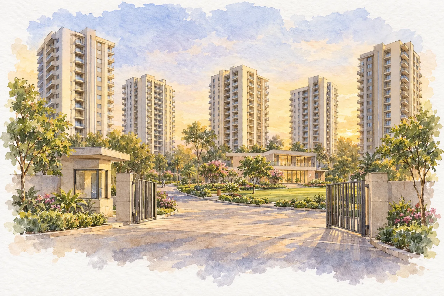 Watercolour illustration of Ireo Gurgaon Hills (not the actual project)