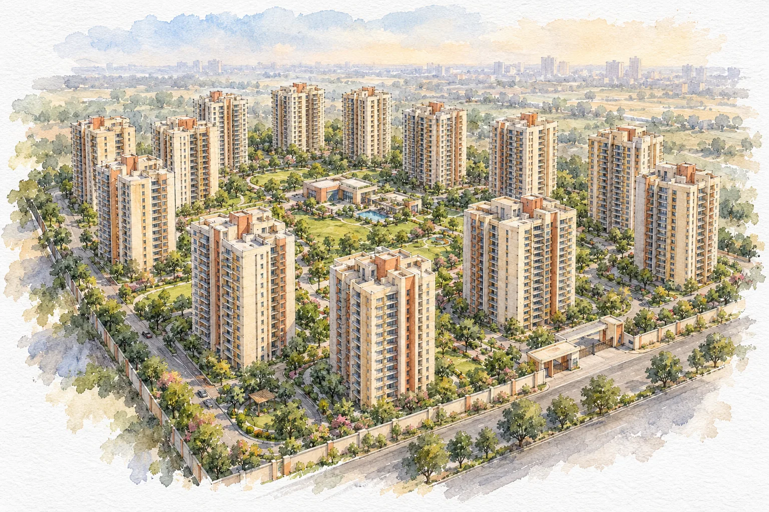 Watercolour illustration of Jaipuria Sunrise Greens (not the actual project)