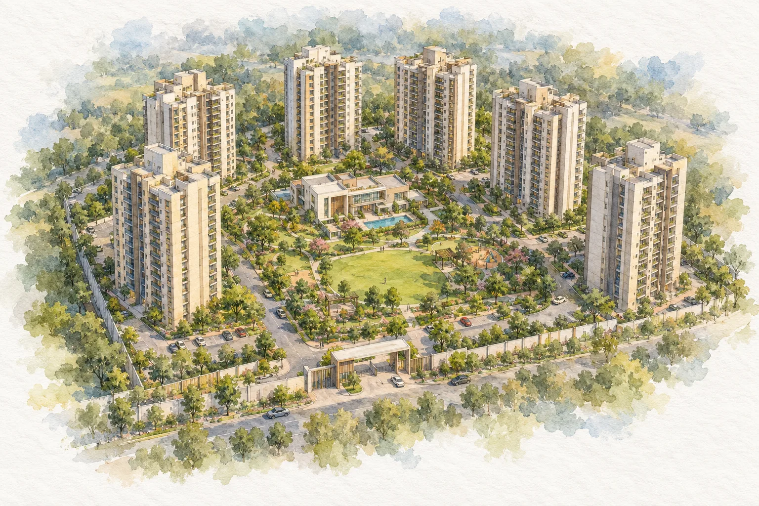 Watercolour illustration of Jaypee Greens Kube (not the actual project)