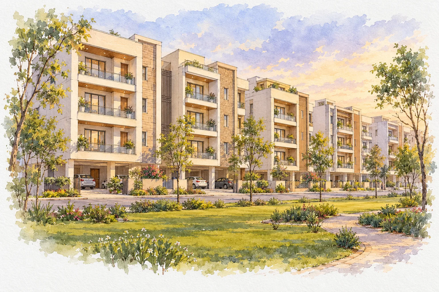 Watercolour illustration of Jindal Aadyam (not the actual project)