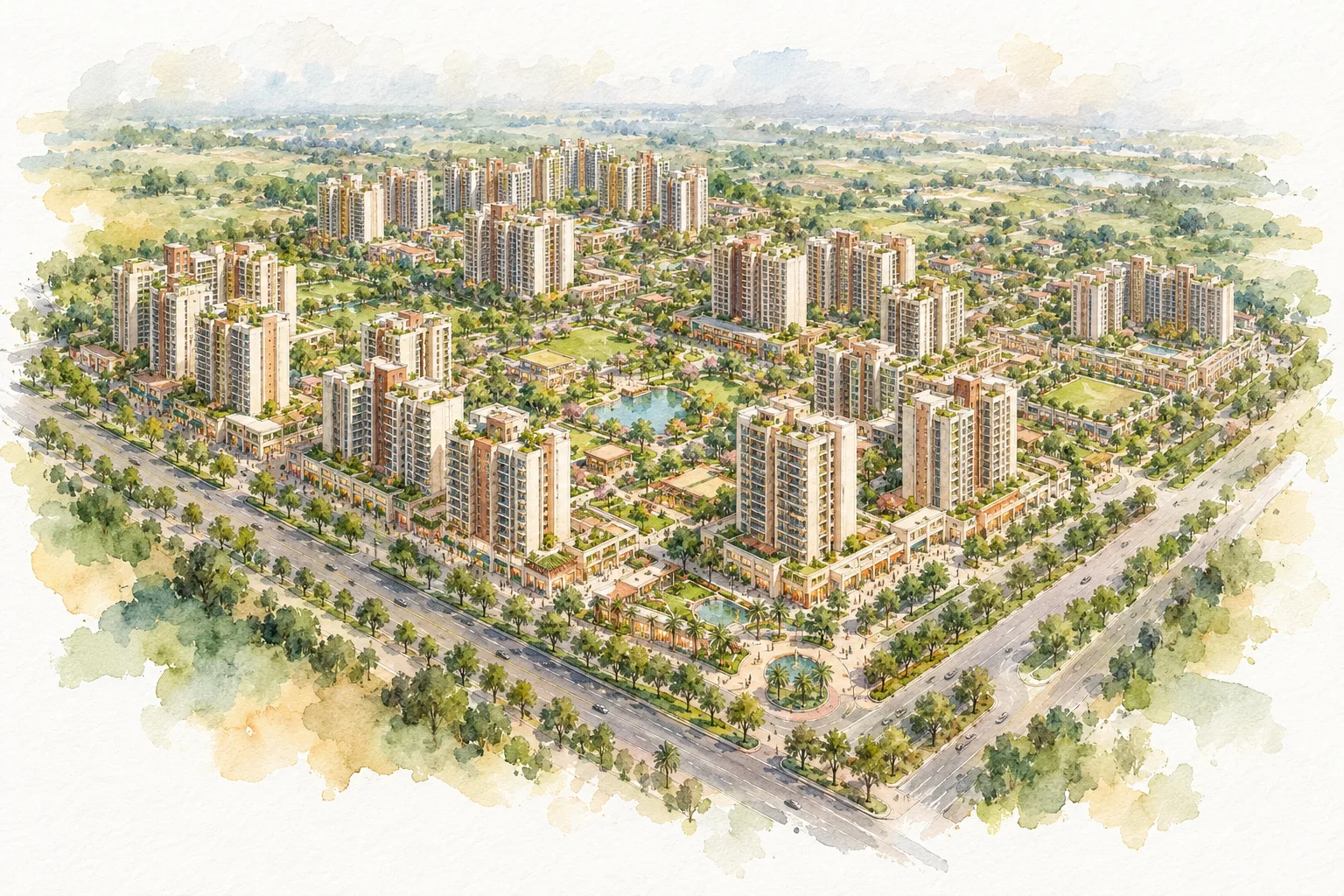 Watercolour illustration of Jindal Global City (not the actual project)