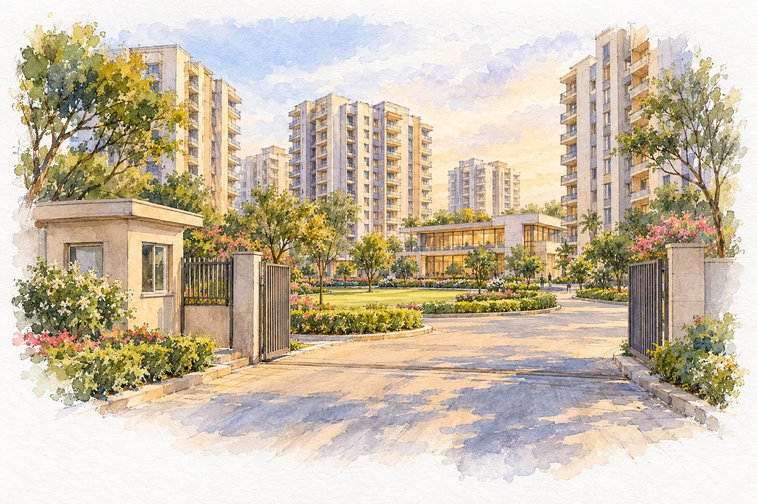 Watercolour illustration of Kalptaru Residency (not the actual project)