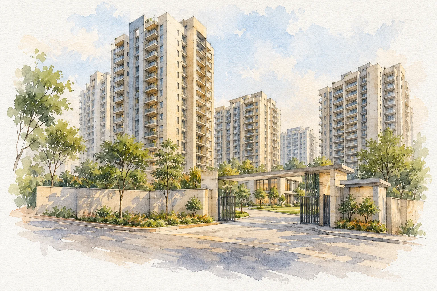 Watercolour illustration of Kamal Ideal Sapphire Floors and Sapphire Heights (not the actual project)
