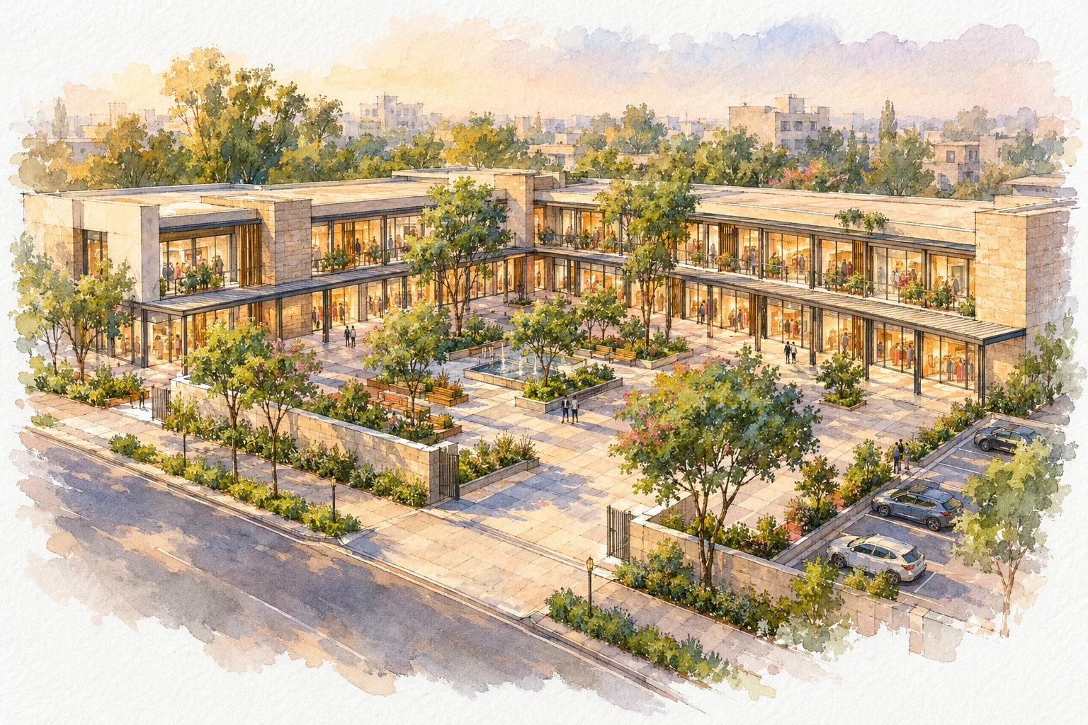 Watercolour illustration of Karyan Square (not the actual project)
