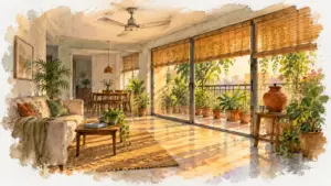 Watercolour illustration of a cool flat interior with bamboo blinds shading hot afternoon sun