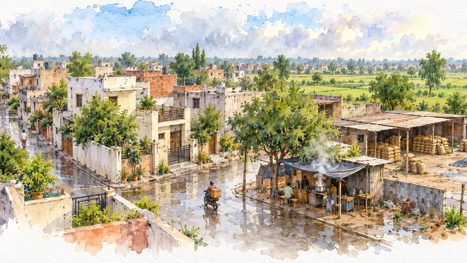 Watercolour illustration of plotted houses and quiet lanes in Kharkhoda Sector 2, Kharkhoda
