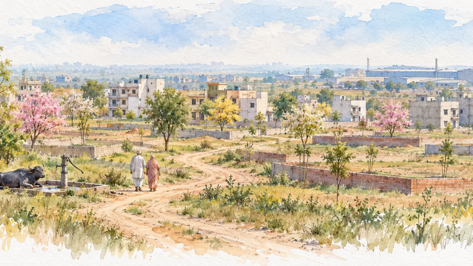 Watercolour illustration of new plots and low apartment blocks in Kharkhoda Sector 7, Kharkhoda