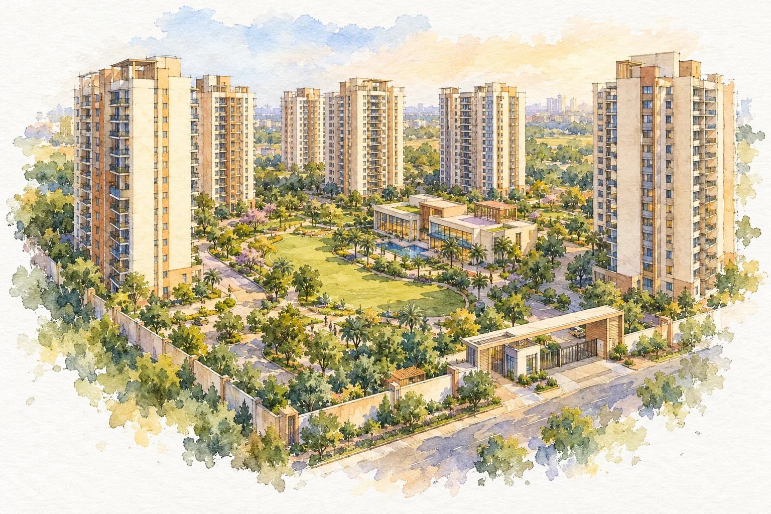 Watercolour illustration of Krisumi Waterside Residences The Forest Reserve (not the actual project)