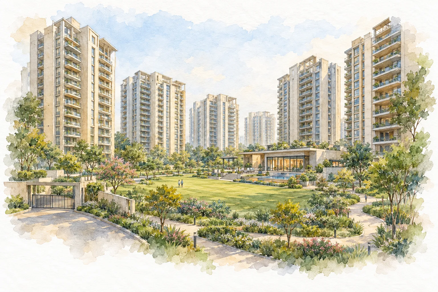 Watercolour illustration of LID Green Valley 2 (not the actual project)