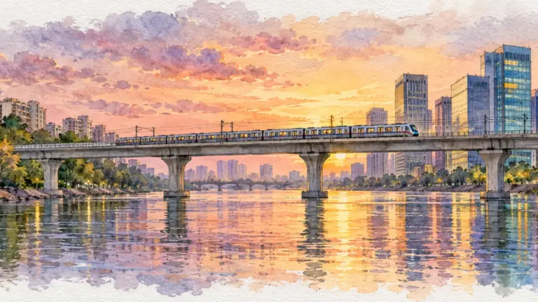 Watercolour illustration of a metro train crossing a river between two cities of towers at dusk
