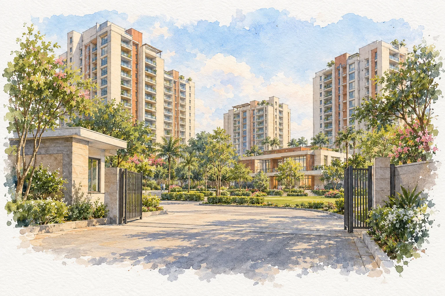 Watercolour illustration of M3M Elie Saab Residences (not the actual project)