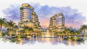 Watercolour illustration of green-terraced towers over a plaza with a fountain at twilight