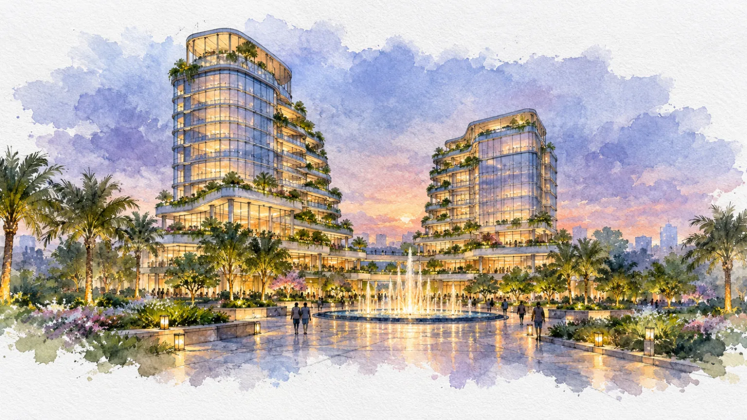 Watercolour illustration of green-terraced towers over a plaza with a fountain at twilight
