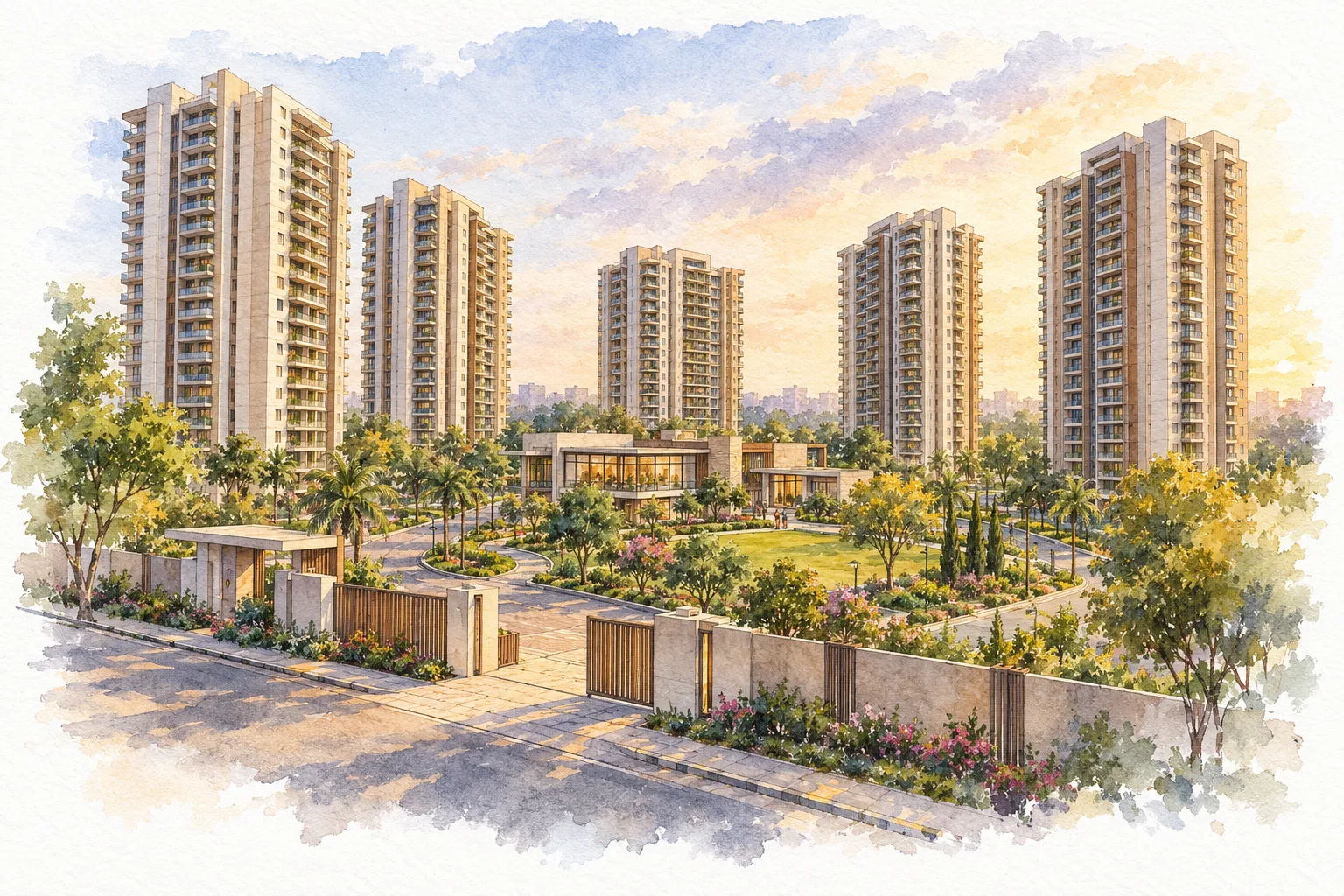 Watercolour illustration of Mayflower at The Prestige City Indirapuram (not the actual project)