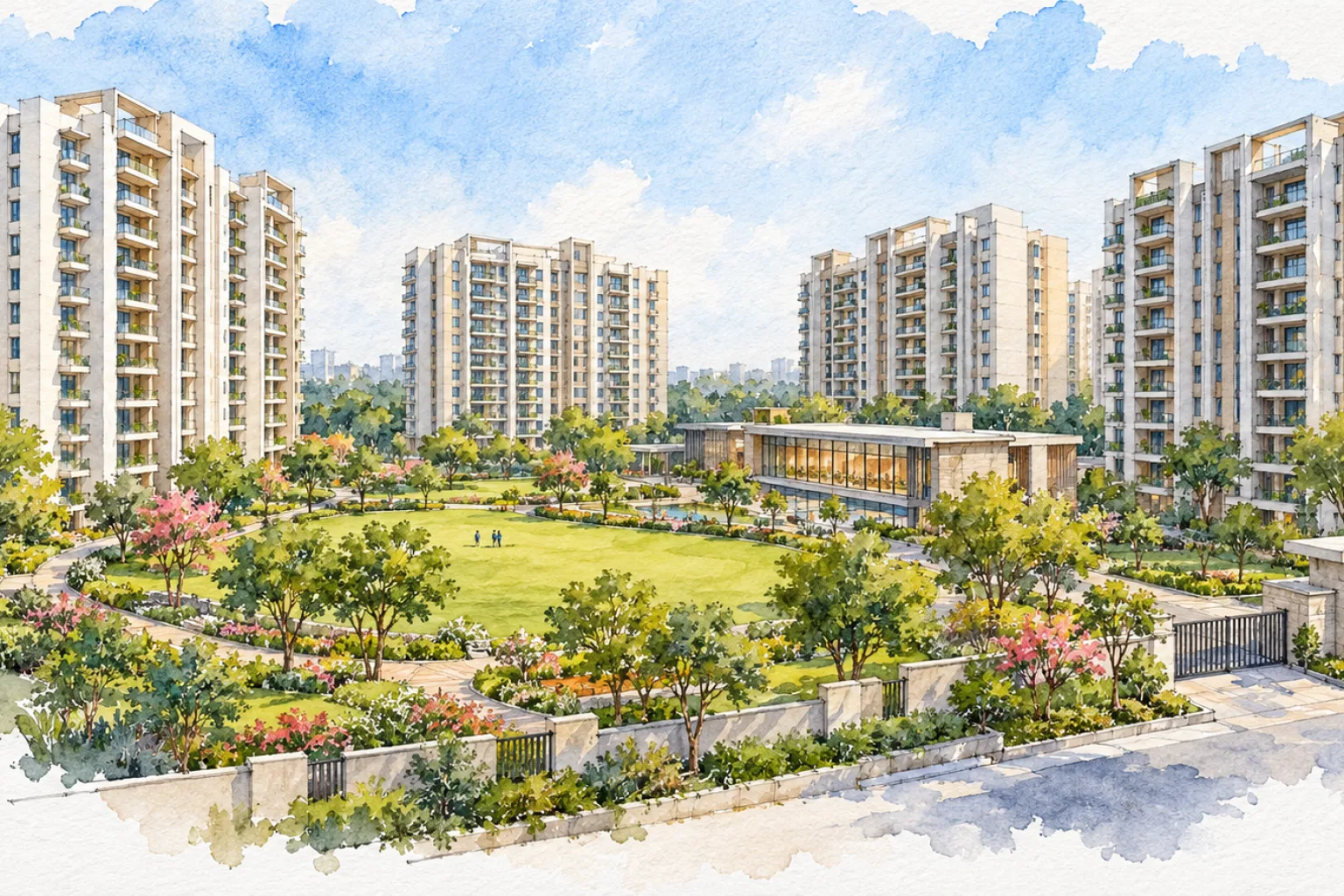 Watercolour illustration of Metro City Sonipat (not the actual project)