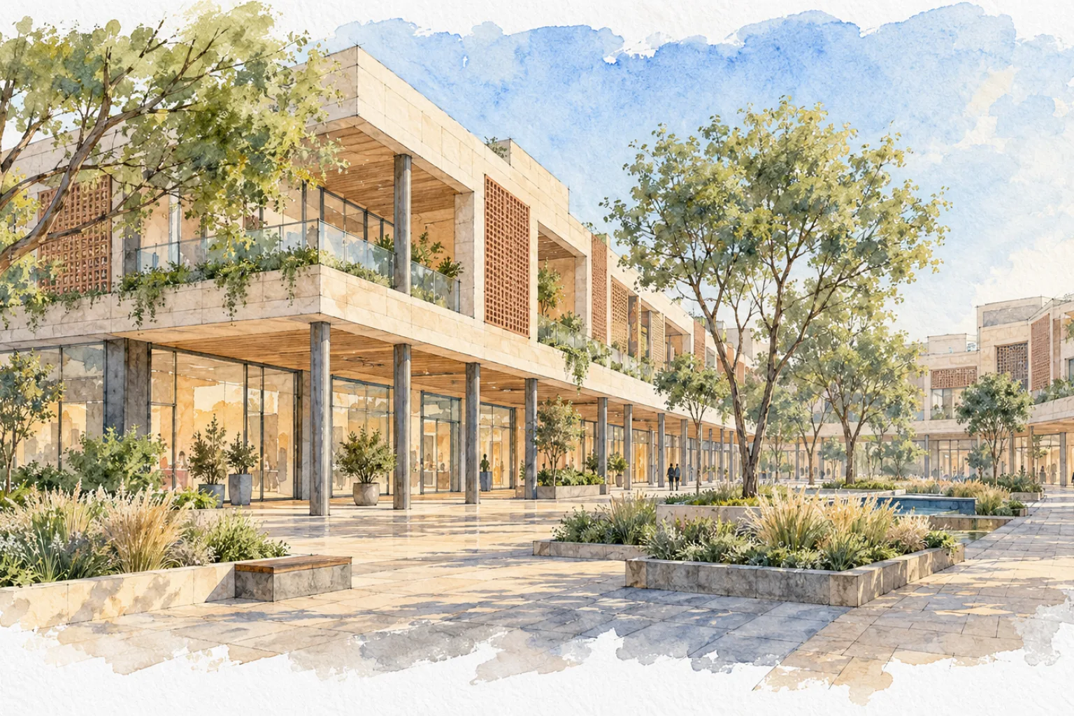 Watercolour illustration of Migsun Rohini Central (not the actual project)