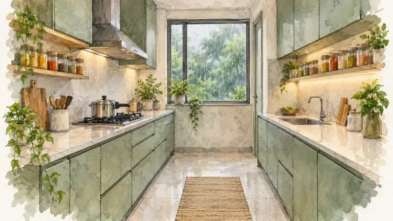 Watercolour illustration of a sage-green modular kitchen with a chimney and rain outside