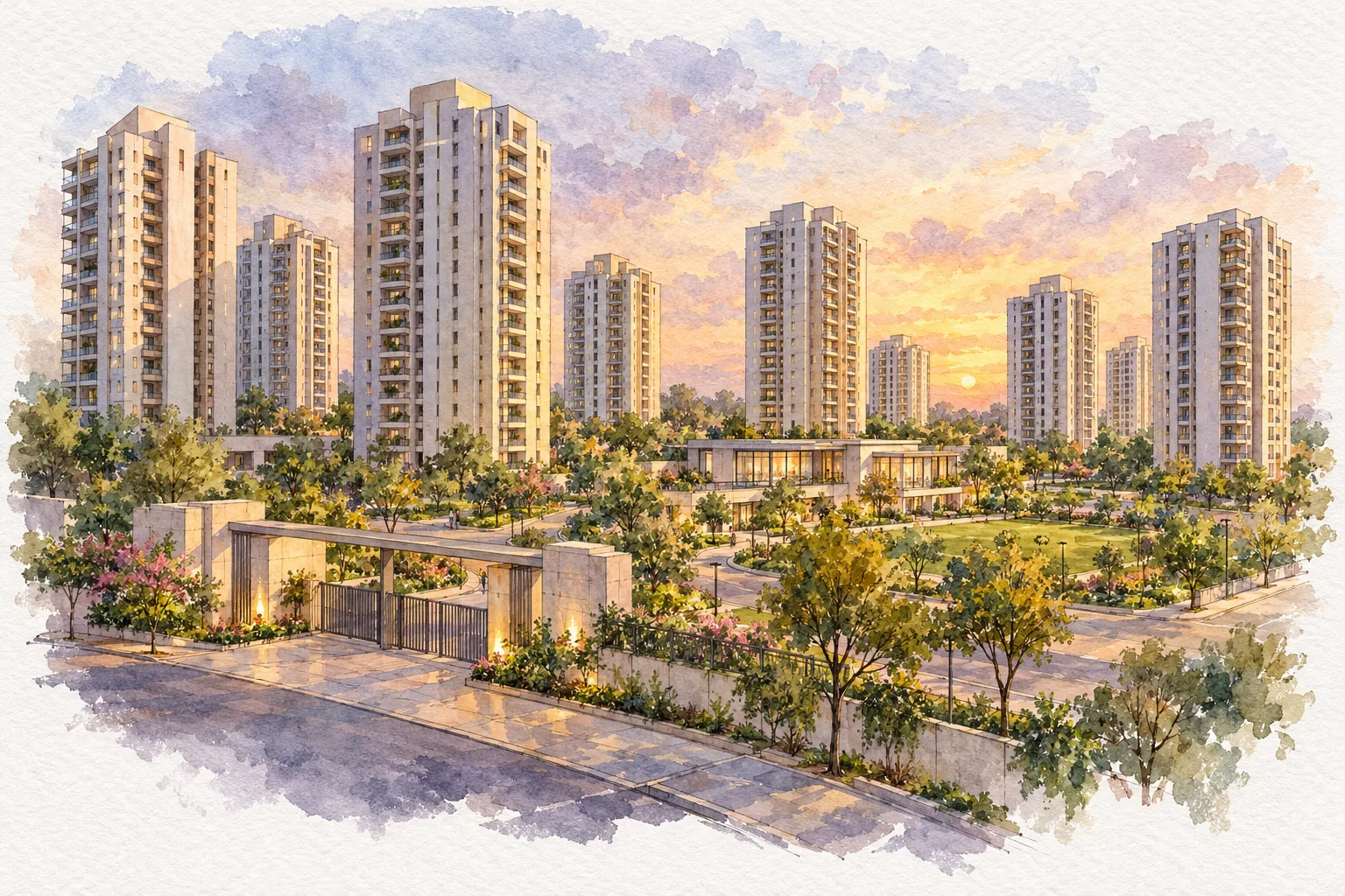 Watercolour illustration of Mulberry at The Prestige City Indirapuram (not the actual project)