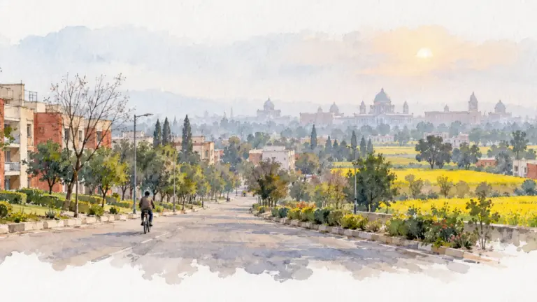 Watercolour illustration of low-rise government flats, green belts and a cyclist on a winter morning