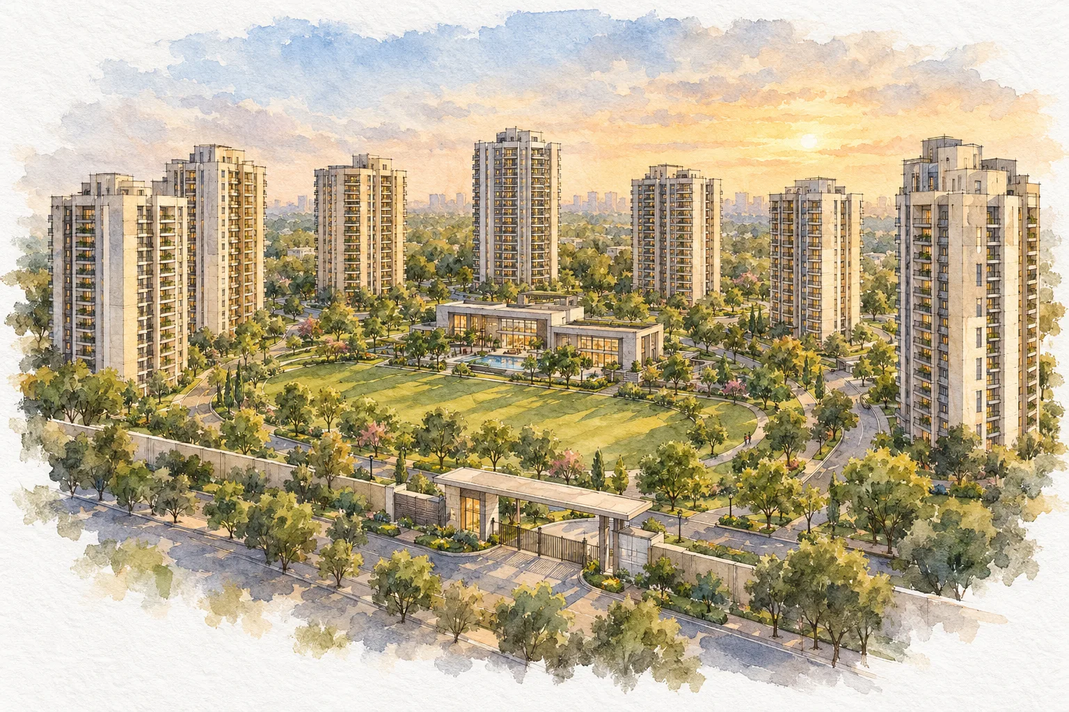 Watercolour illustration of NBCC Avenue Towers (not the actual project)