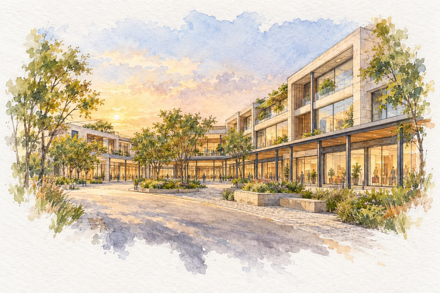 Watercolour illustration of NBCC Local Shopping Centre Sarojini Nagar (not the actual project)