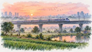 Watercolour illustration of a regional train on an elevated viaduct at dawn