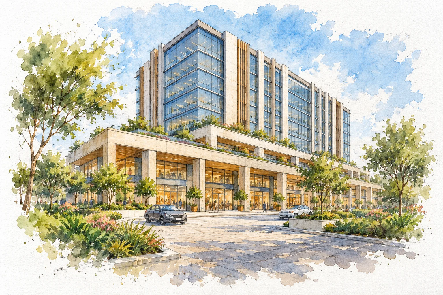 Watercolour illustration of Neo Centra (not the actual project)