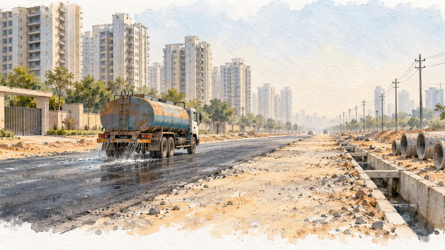 Watercolour illustration of a half-finished sector road, a water tanker and tall gated towers
